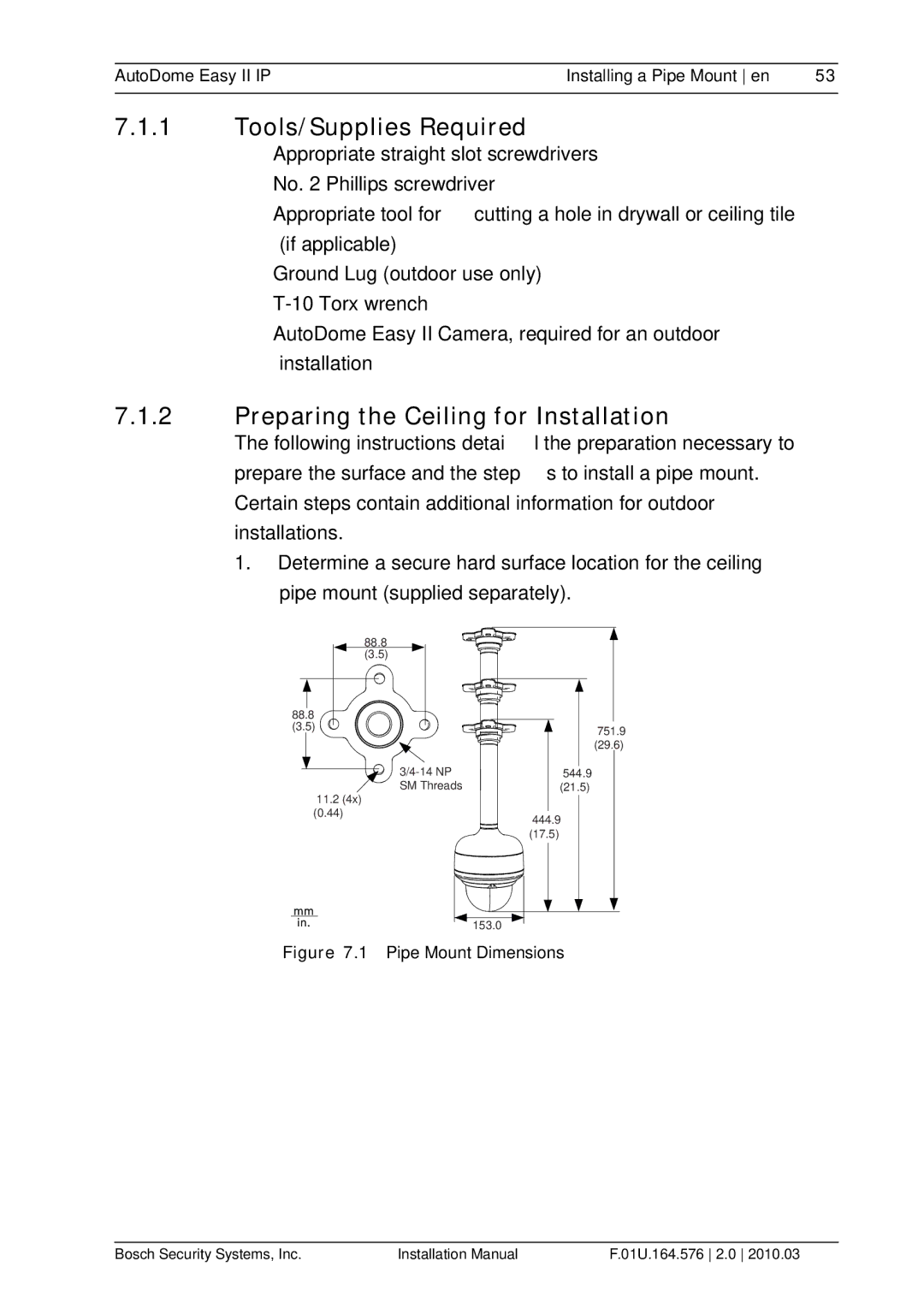 Bosch Appliances VEZ installation manual Tools/Supplies Required, Pipe Mount Dimensions 