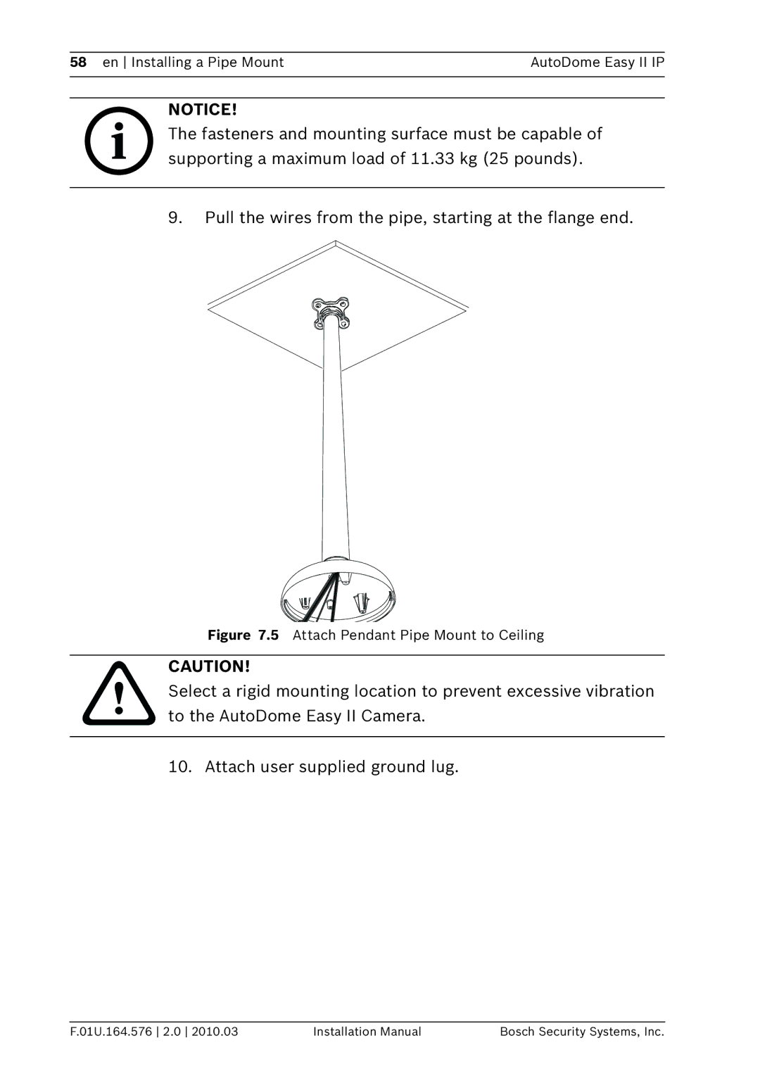 Bosch Appliances VEZ installation manual Attach Pendant Pipe Mount to Ceiling 