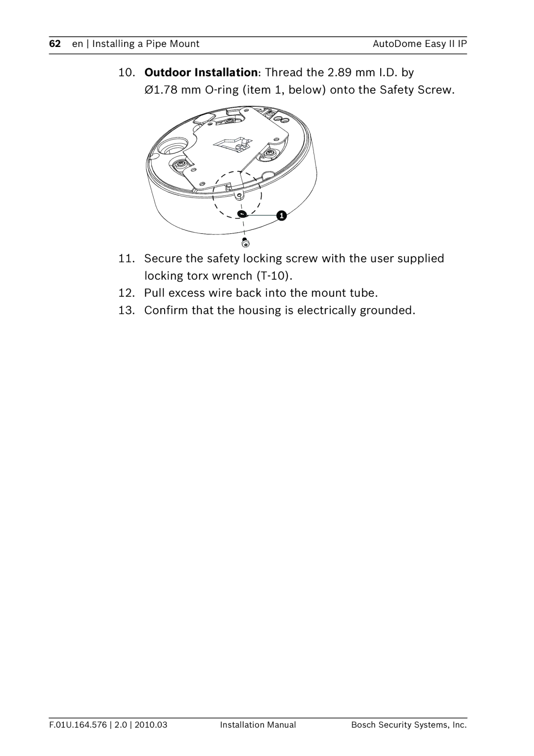 Bosch Appliances VEZ installation manual En Installing a Pipe Mount AutoDome Easy II IP 