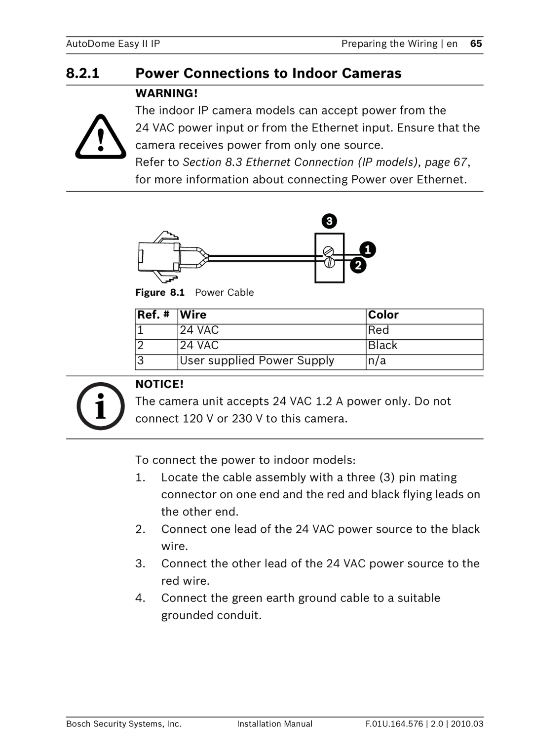 Bosch Appliances VEZ installation manual Power Connections to Indoor Cameras, Ref. # Wire Color 