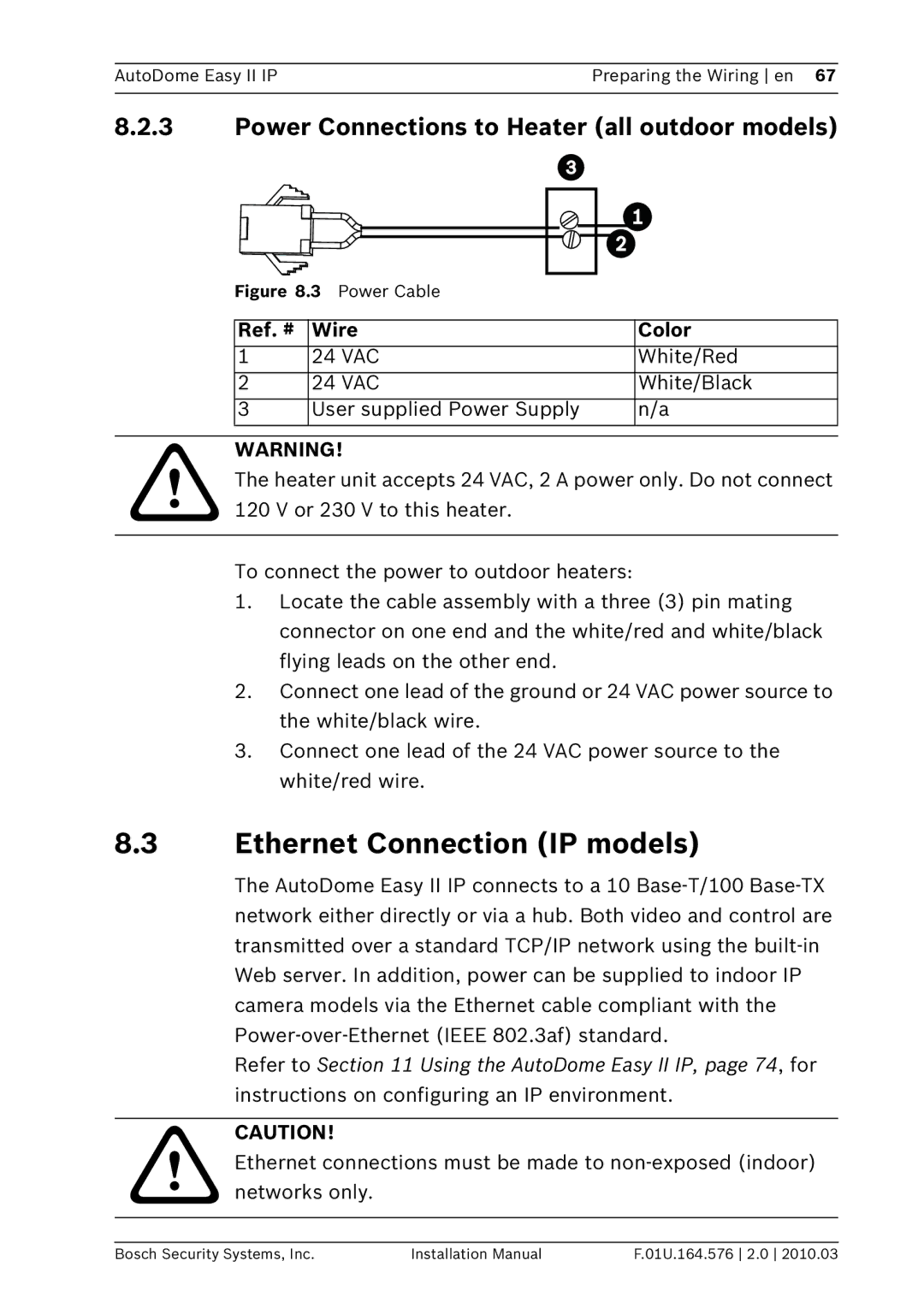 Bosch Appliances VEZ installation manual Ethernet Connection IP models, Power Connections to Heater all outdoor models 