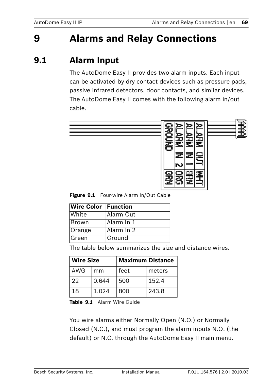 Bosch Appliances VEZ Alarms and Relay Connections, Alarm Input, Wire Color Function, Wire Size Maximum Distance 