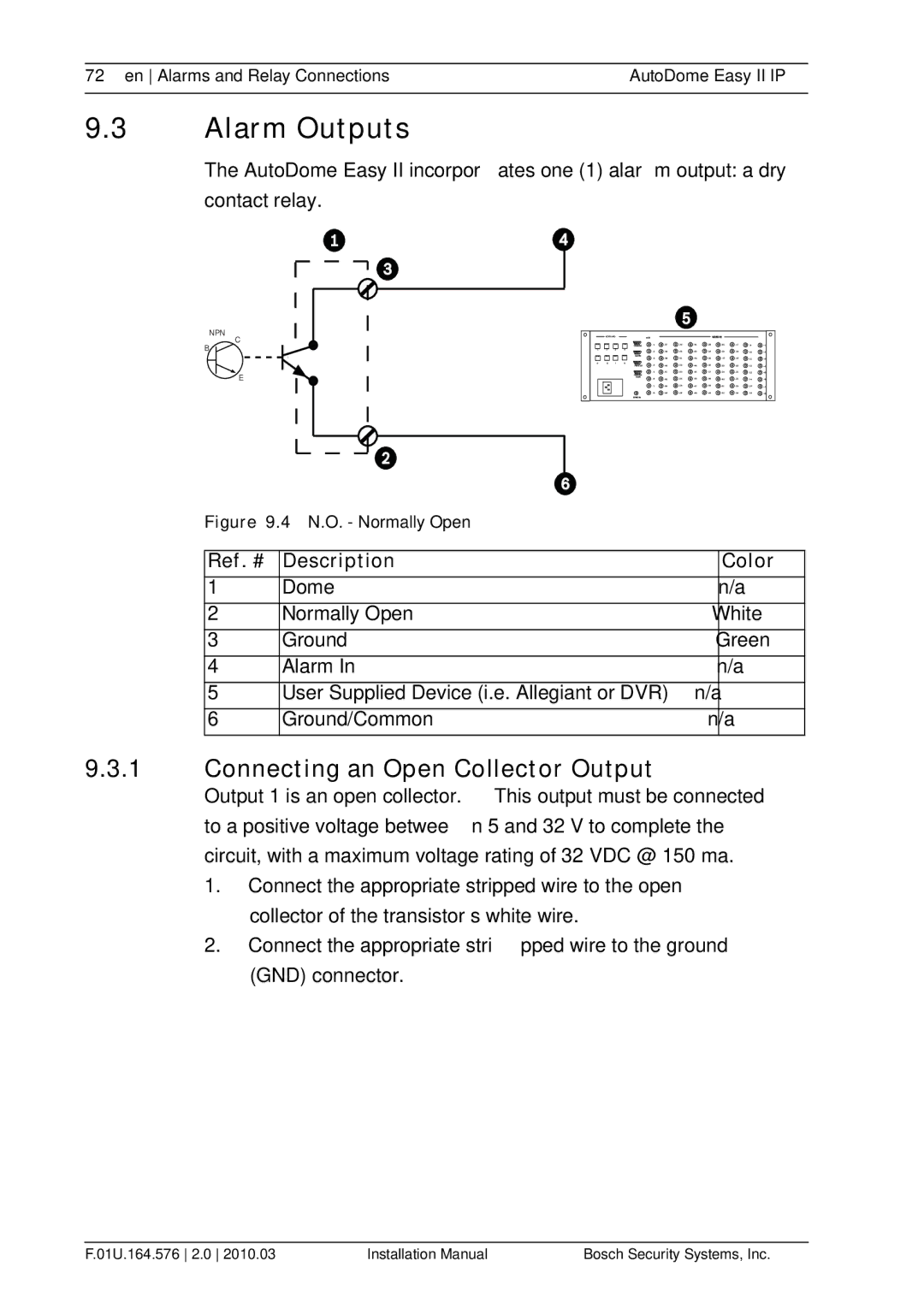 Bosch Appliances VEZ installation manual Alarm Outputs, Connecting an Open Collector Output, Ref. # Description Color 