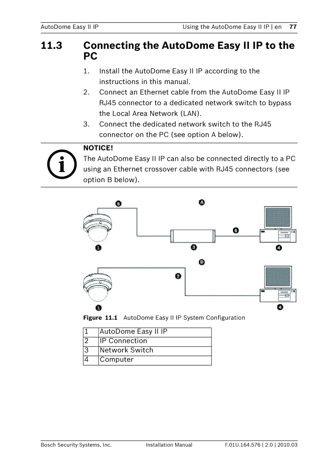 Bosch Appliances VEZ Connecting the AutoDome Easy II IP to, AutoDome Easy II IP IP Connection Network Switch Computer 