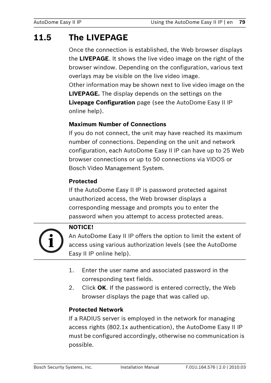 Bosch Appliances VEZ installation manual Livepage, Maximum Number of Connections, Protected Network 