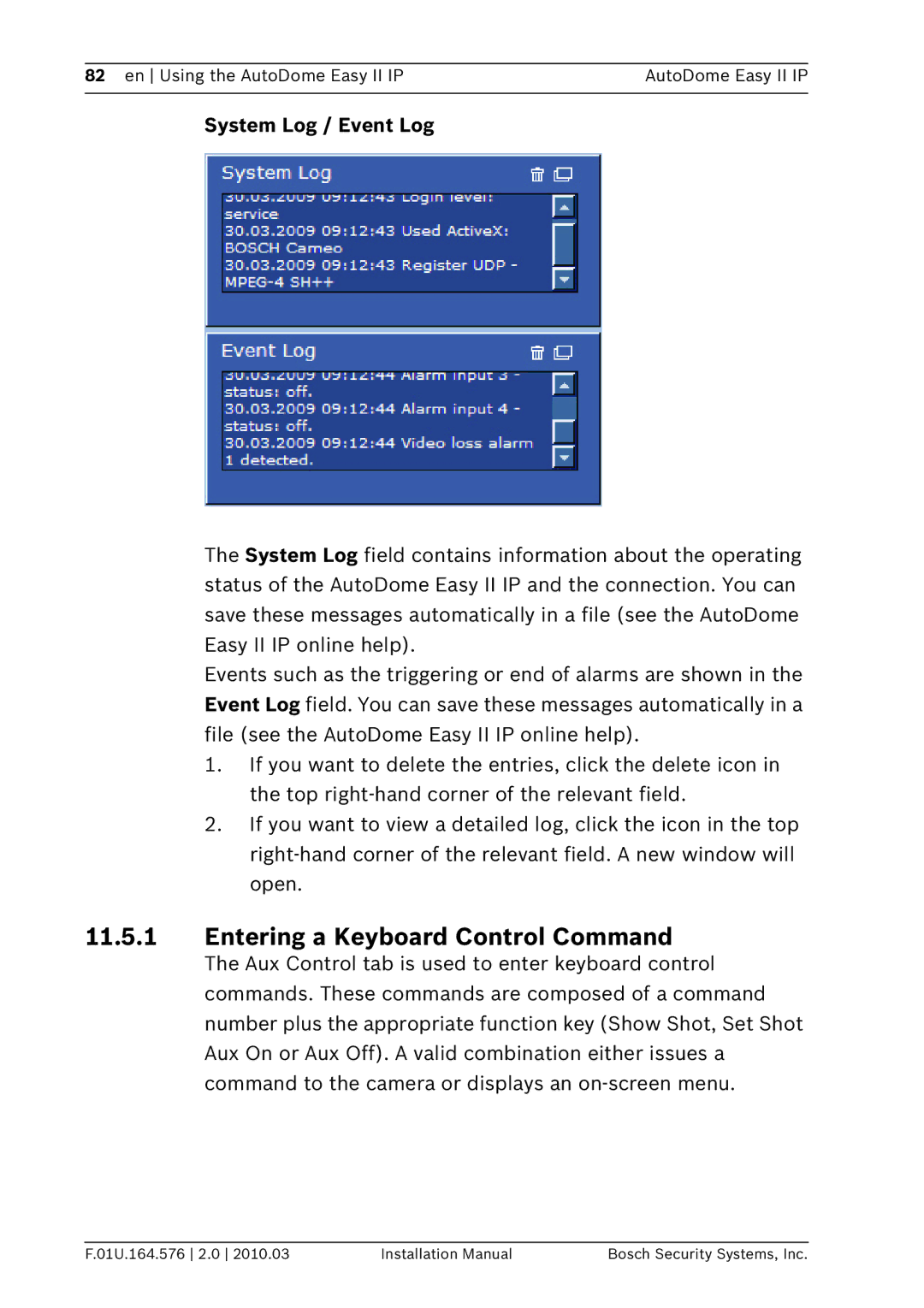 Bosch Appliances VEZ installation manual Entering a Keyboard Control Command, System Log / Event Log 