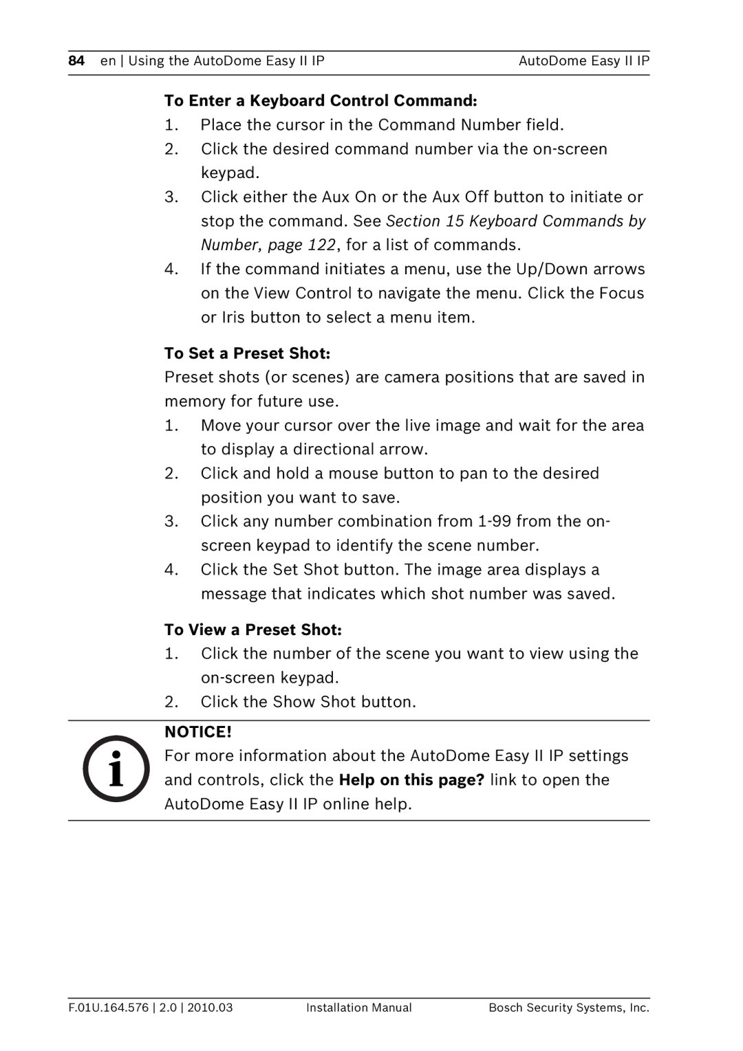 Bosch Appliances VEZ installation manual To Enter a Keyboard Control Command, To Set a Preset Shot, To View a Preset Shot 