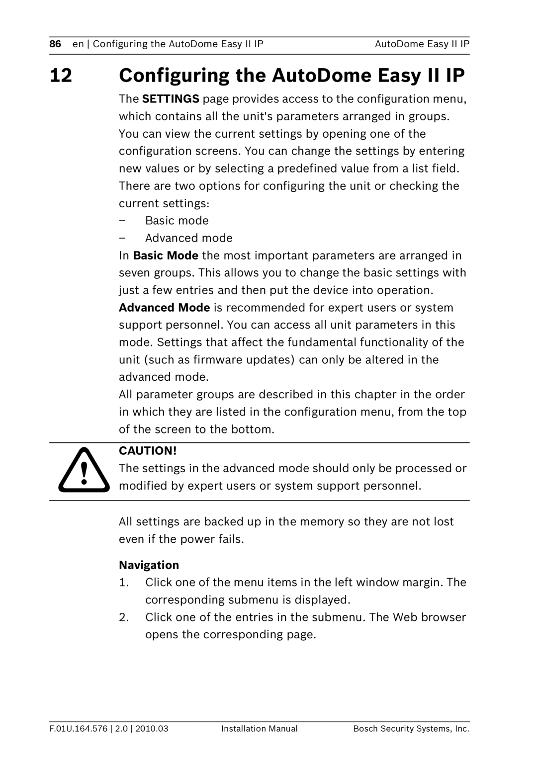 Bosch Appliances VEZ installation manual Configuring the AutoDome Easy II IP, Navigation 