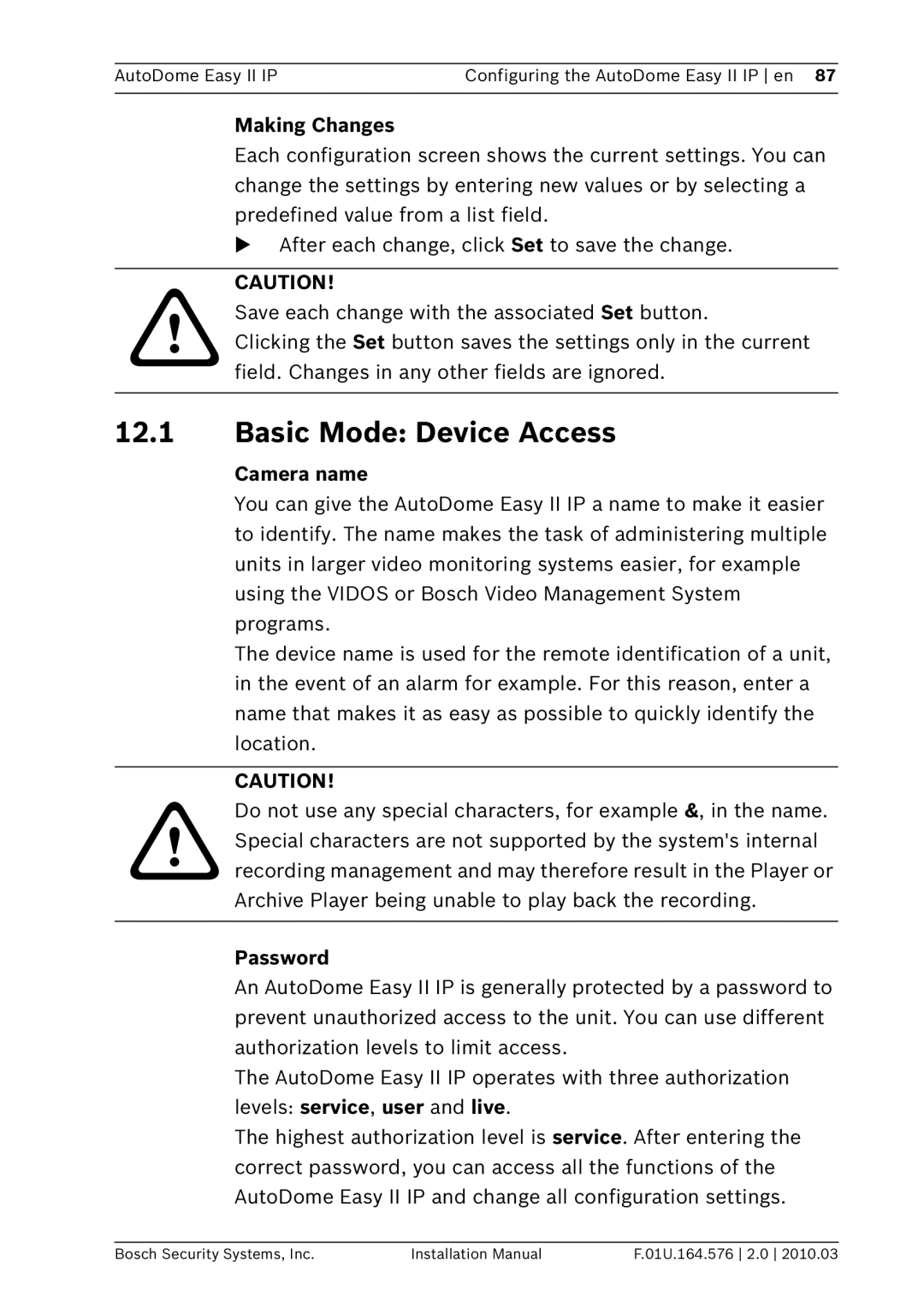 Bosch Appliances VEZ installation manual Basic Mode Device Access, Making Changes, Camera name, Password 