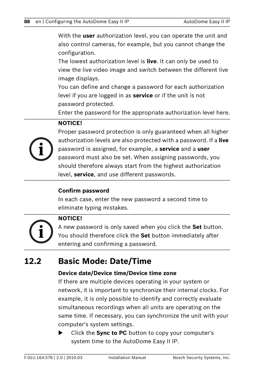 Bosch Appliances VEZ installation manual Basic Mode Date/Time, Confirm password, Device date/Device time/Device time zone 