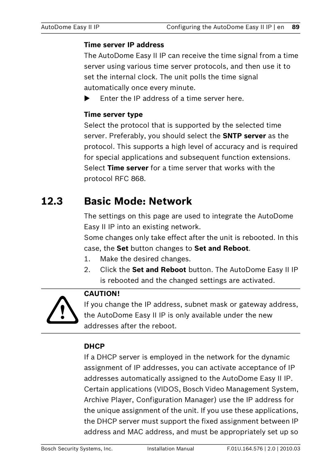 Bosch Appliances VEZ installation manual Basic Mode Network, Time server IP address, Time server type, Dhcp 