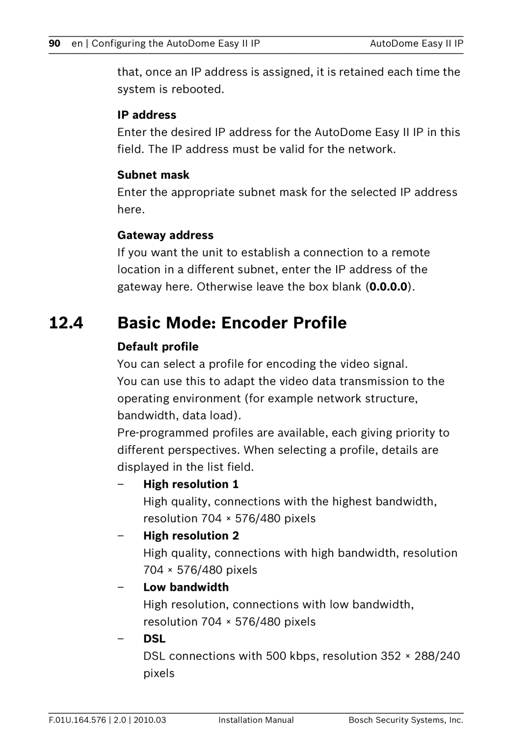 Bosch Appliances VEZ installation manual Basic Mode Encoder Profile, Dsl 