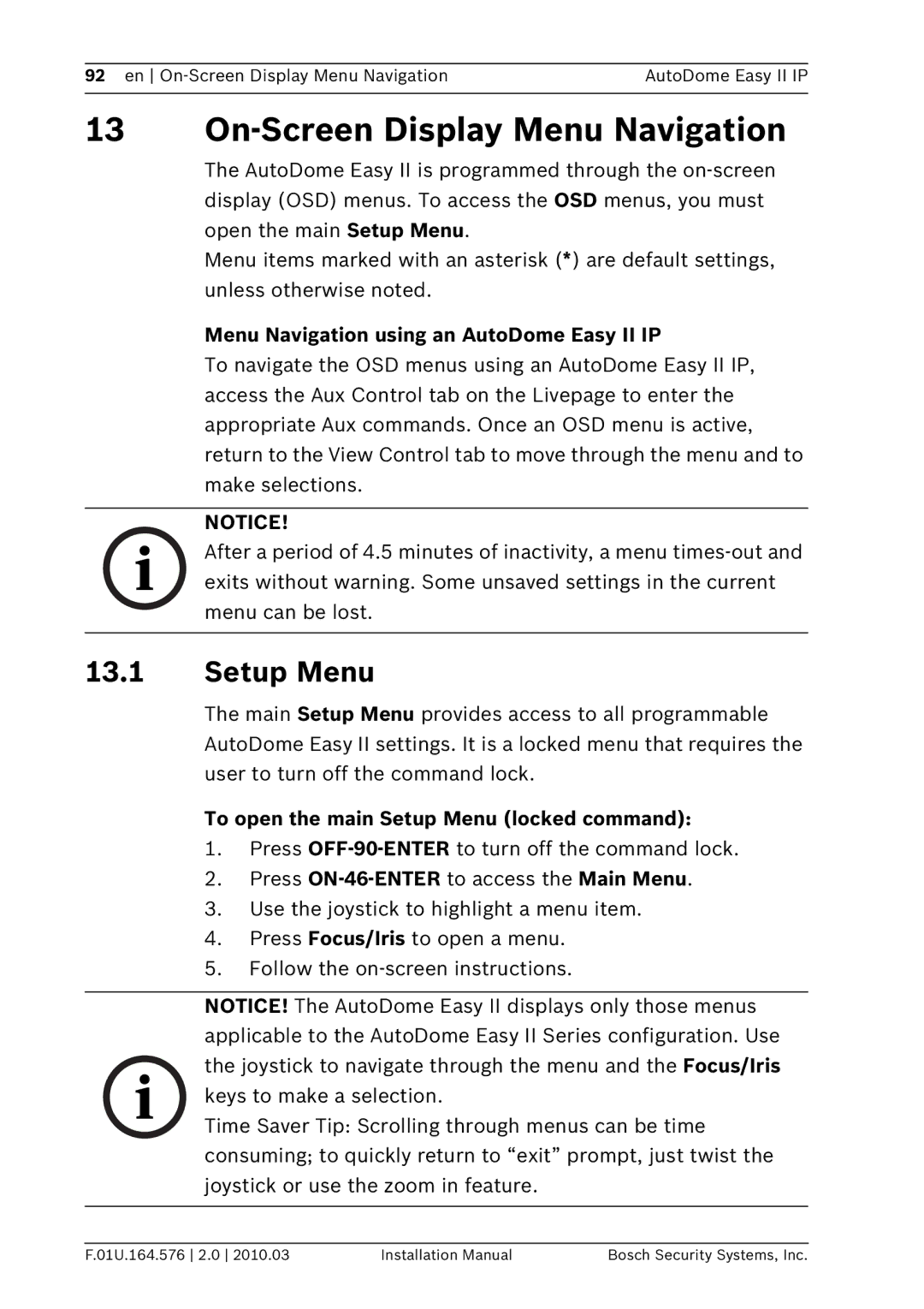 Bosch Appliances VEZ On-Screen Display Menu Navigation, Setup Menu, Menu Navigation using an AutoDome Easy II IP 