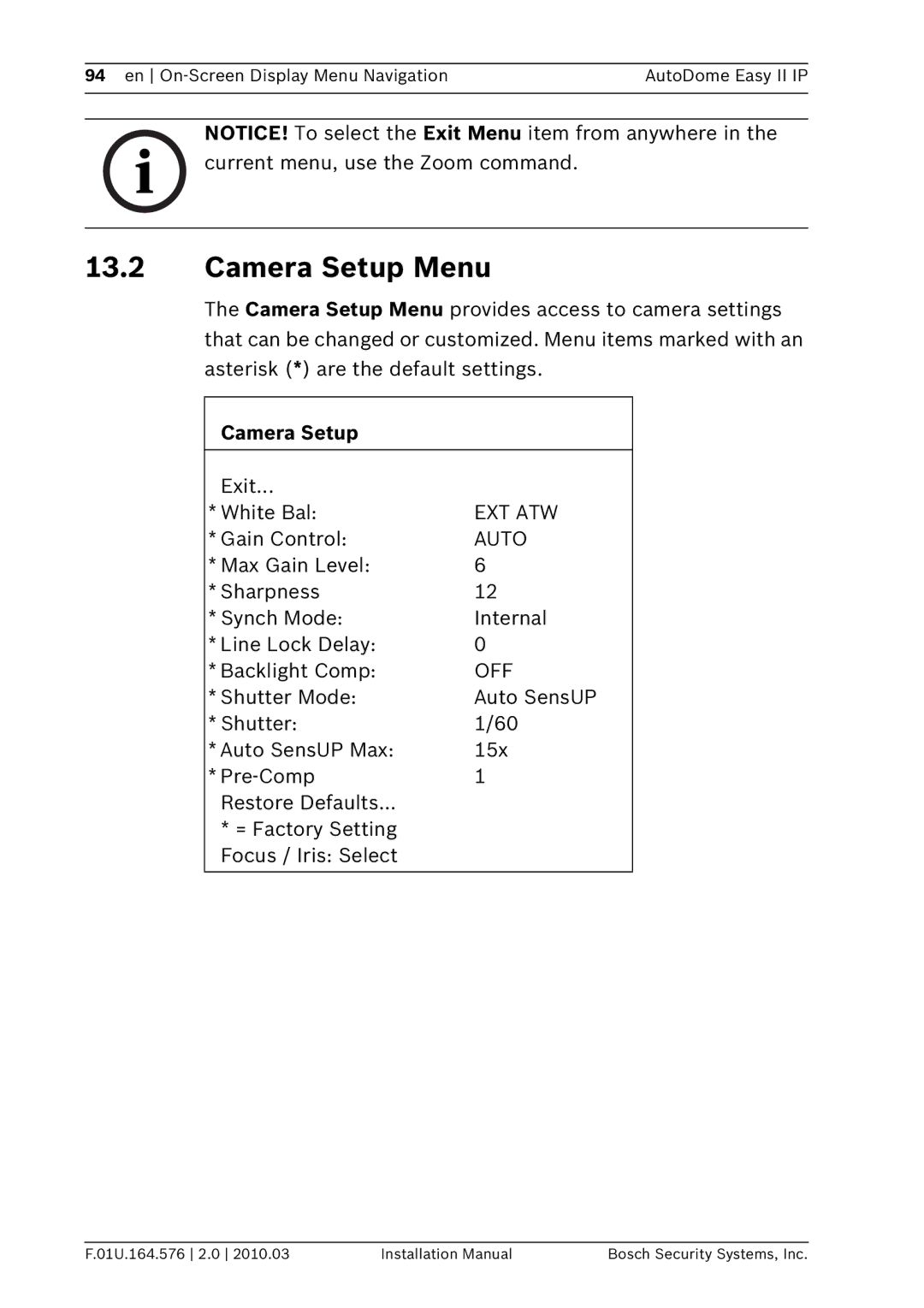 Bosch Appliances VEZ installation manual Camera Setup Menu, Exit White Bal, Gain Control 