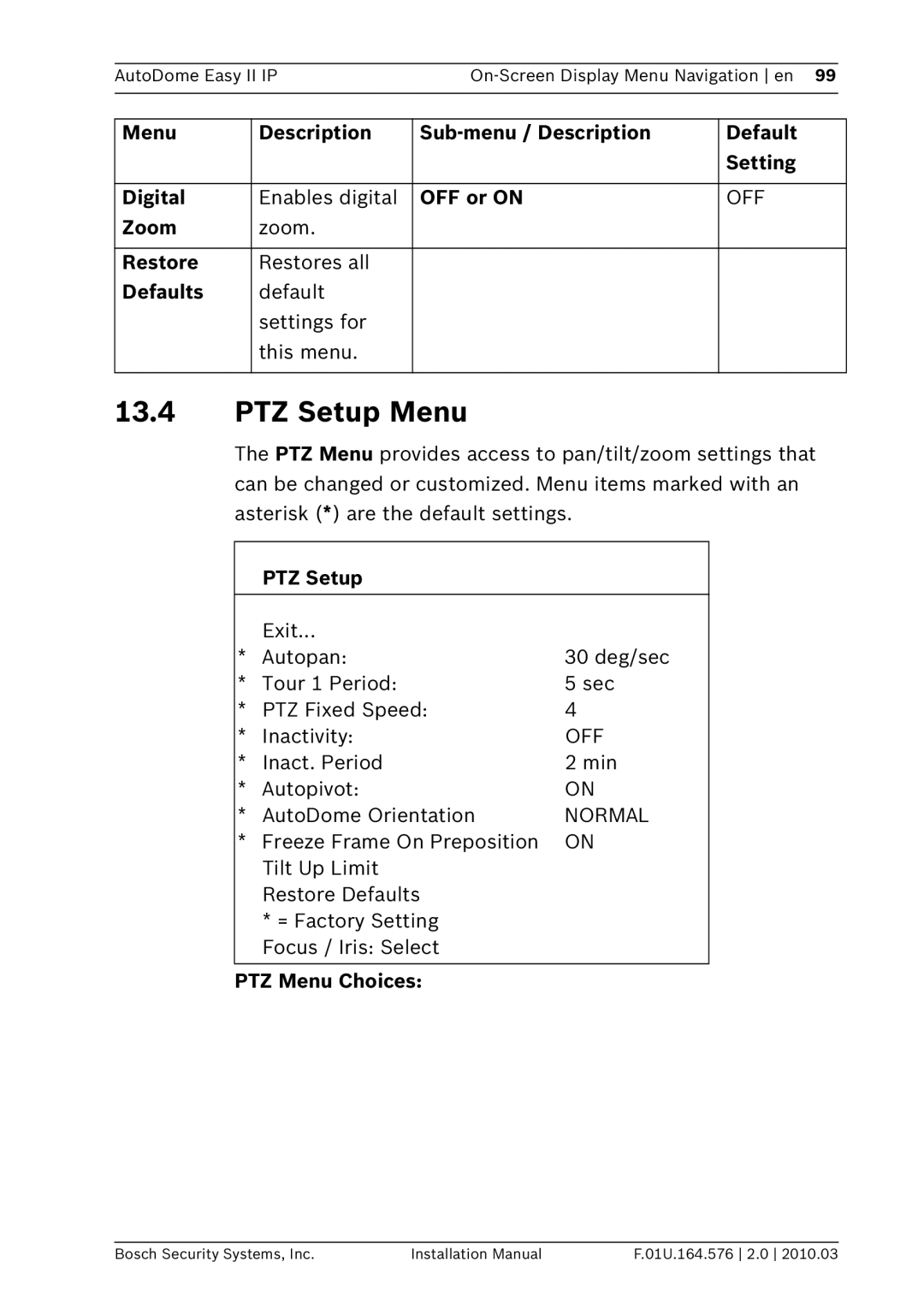Bosch Appliances VEZ PTZ Setup Menu, Zoom Restore Restores all Defaults Settings for This menu, PTZ Menu Choices 