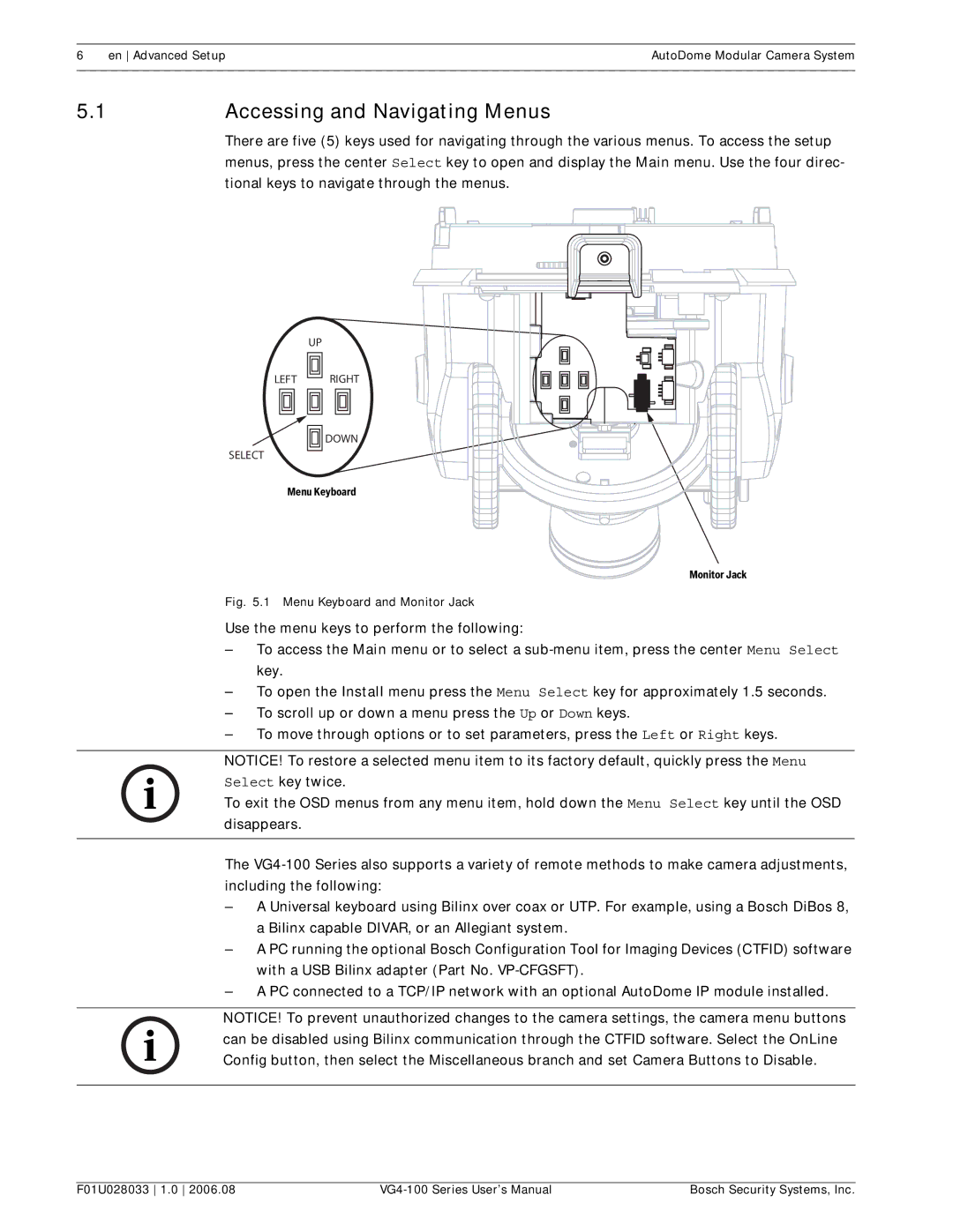 Bosch Appliances VG4-100 user manual Accessing and Navigating Menus, Monitor Jack 