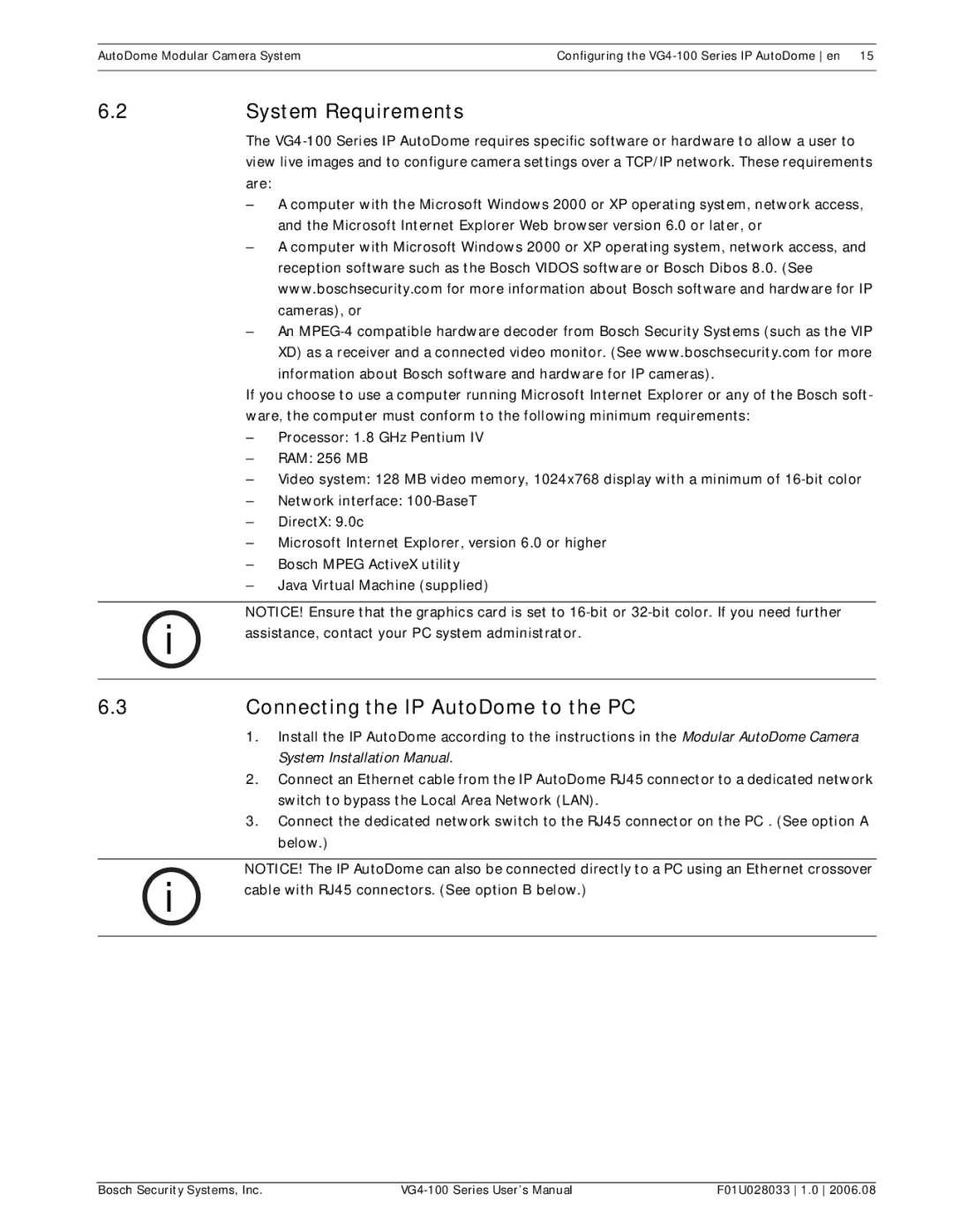 Bosch Appliances VG4-100 user manual System Requirements, Connecting the IP AutoDome to the PC 