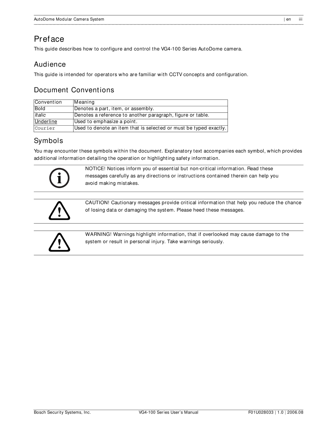 Bosch Appliances VG4-100 user manual Preface, Audience, Document Conventions, Symbols, Convention Meaning Bold 