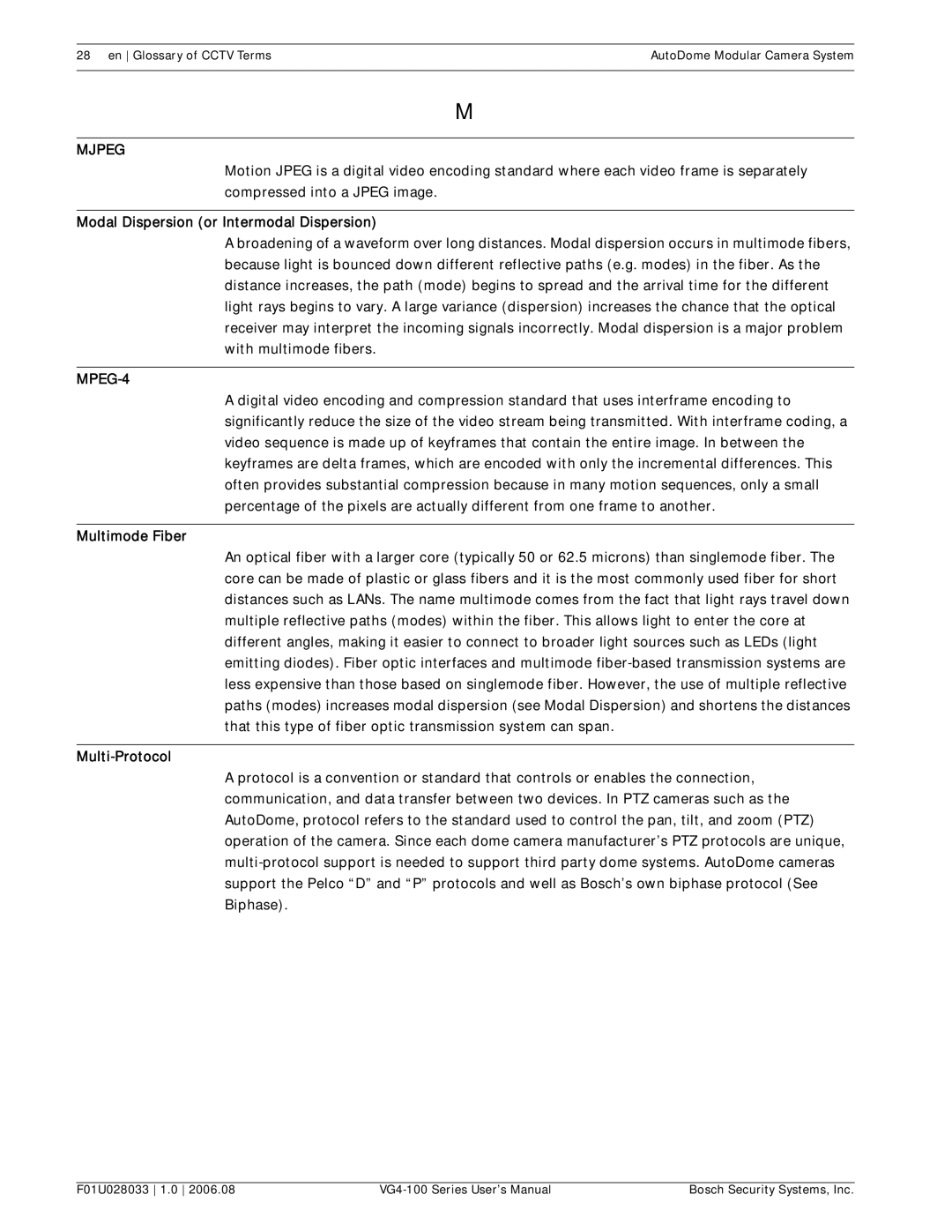 Bosch Appliances VG4-100 user manual Modal Dispersion or Intermodal Dispersion, Multimode Fiber, Multi-Protocol 