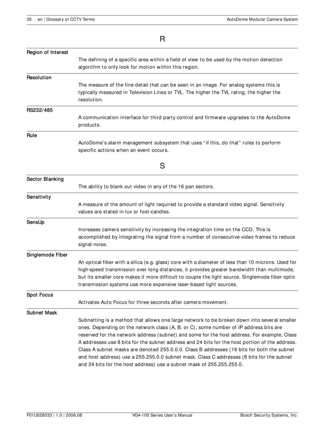 Bosch Appliances VG4-100 Region of Interest, Resolution, RS232/485, Rule, Sector Blanking, Sensitivity, SensUp, Spot Focus 