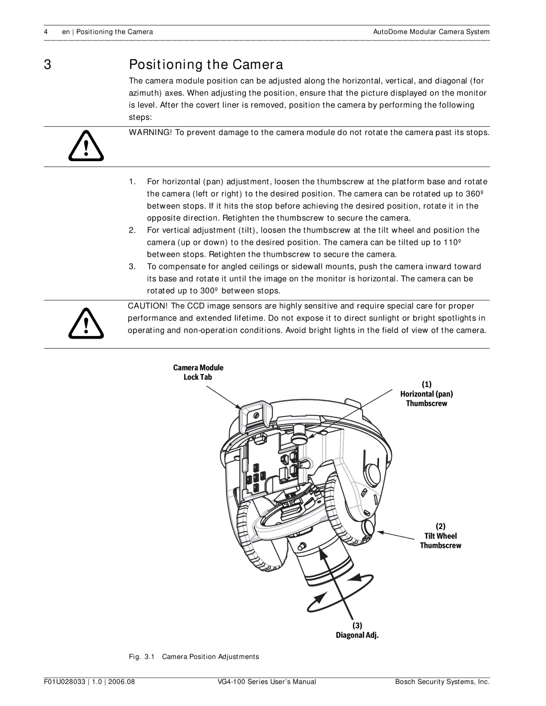 Bosch Appliances VG4-100 user manual Positioning the Camera, Tilt Wheel, Thumbscrew, Diagonal Adj 