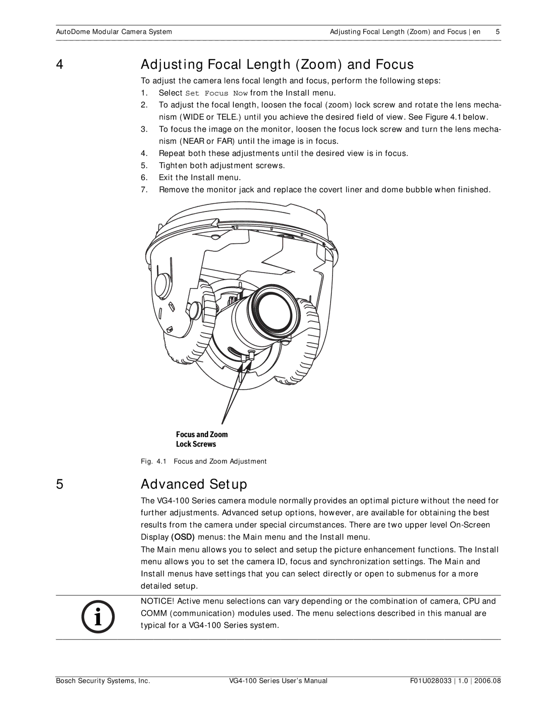 Bosch Appliances VG4-100 Adjusting Focal Length Zoom and Focus, Advanced Setup, Focus &FocusZoomand Zoom, Lock Screws 