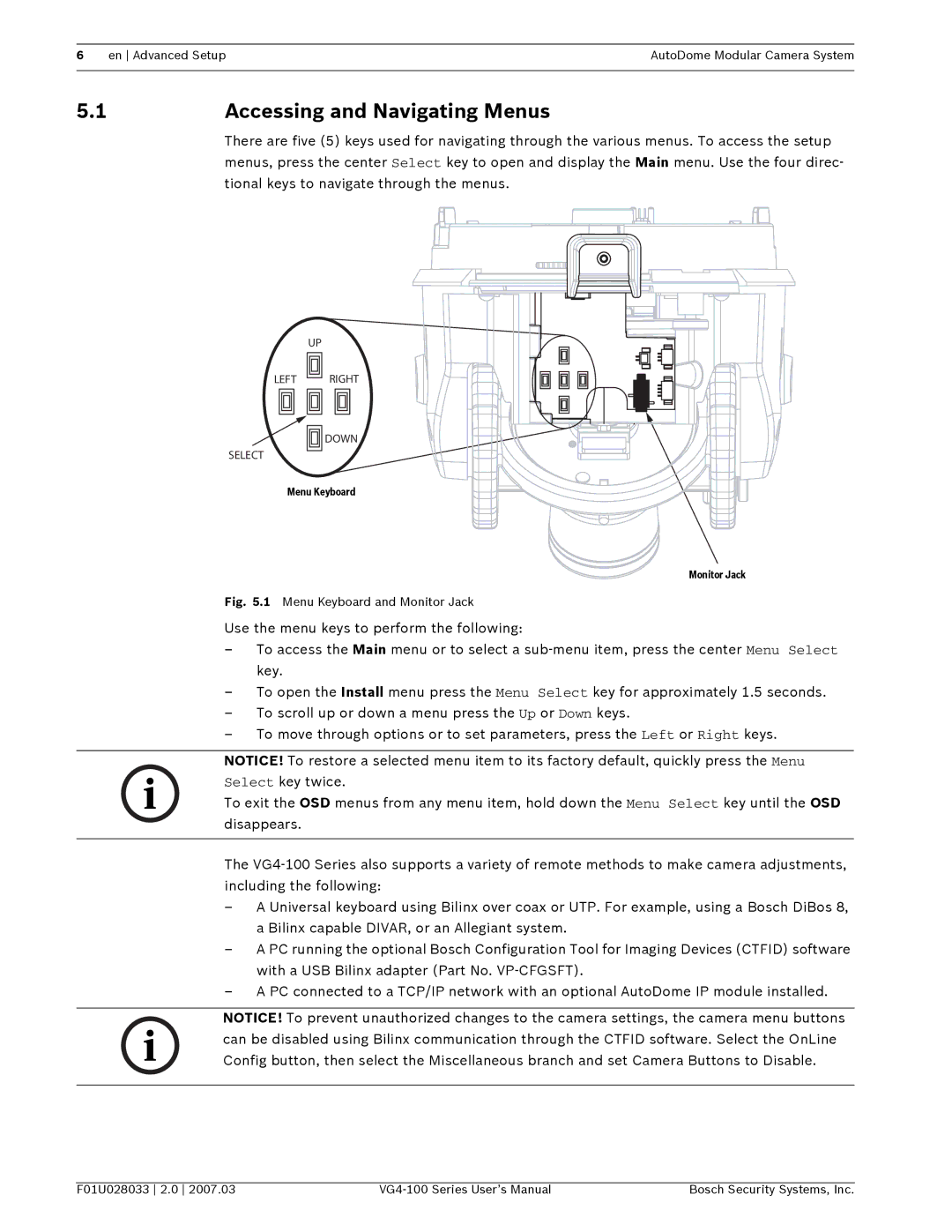 Bosch Appliances VG4-100 user manual Accessing and Navigating Menus, Menu Keyboard and Monitor Jack 