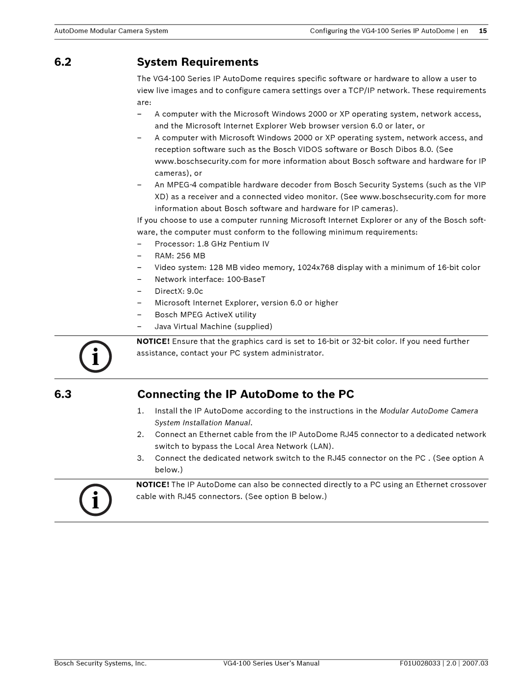 Bosch Appliances VG4-100 user manual System Requirements, Connecting the IP AutoDome to the PC 