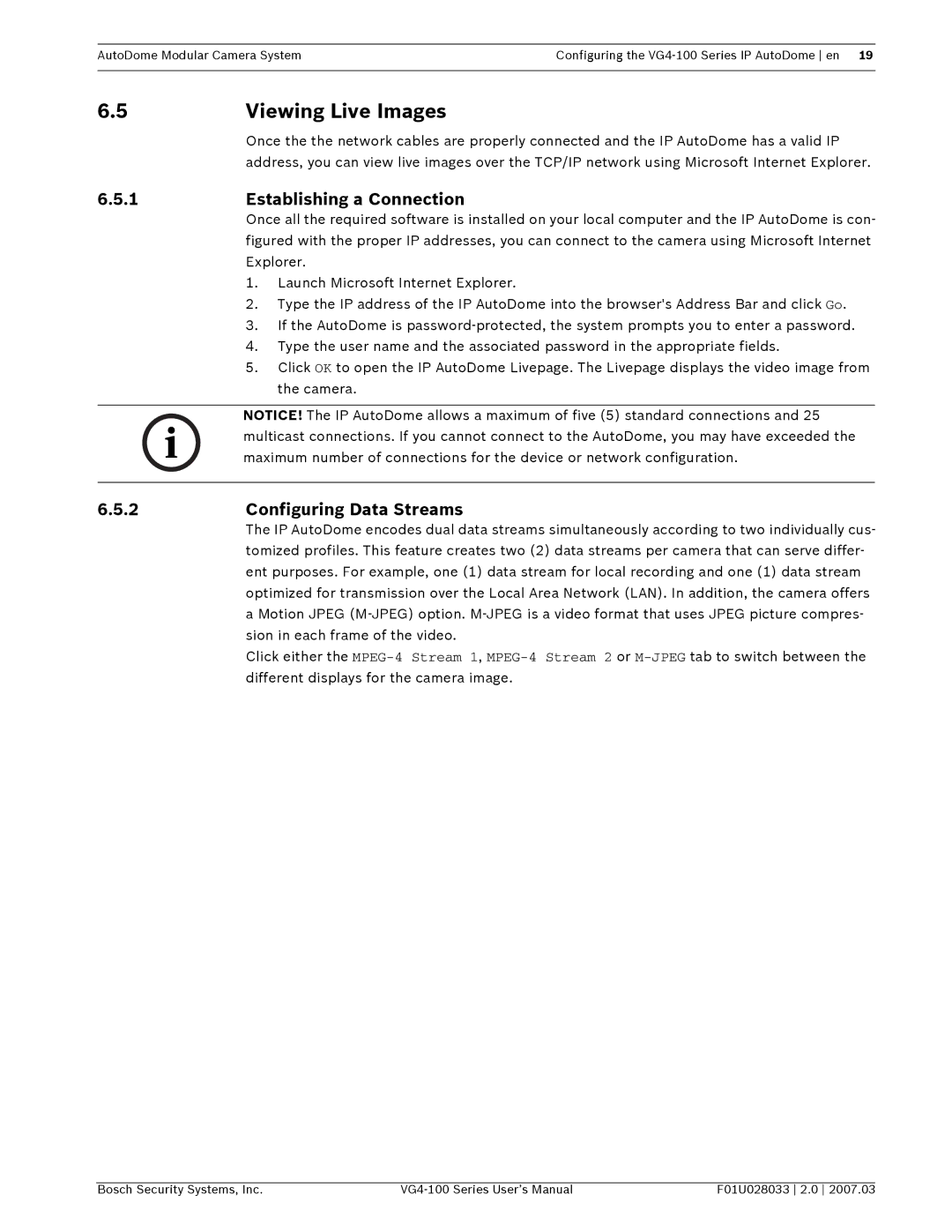 Bosch Appliances VG4-100 user manual Viewing Live Images, Establishing a Connection 