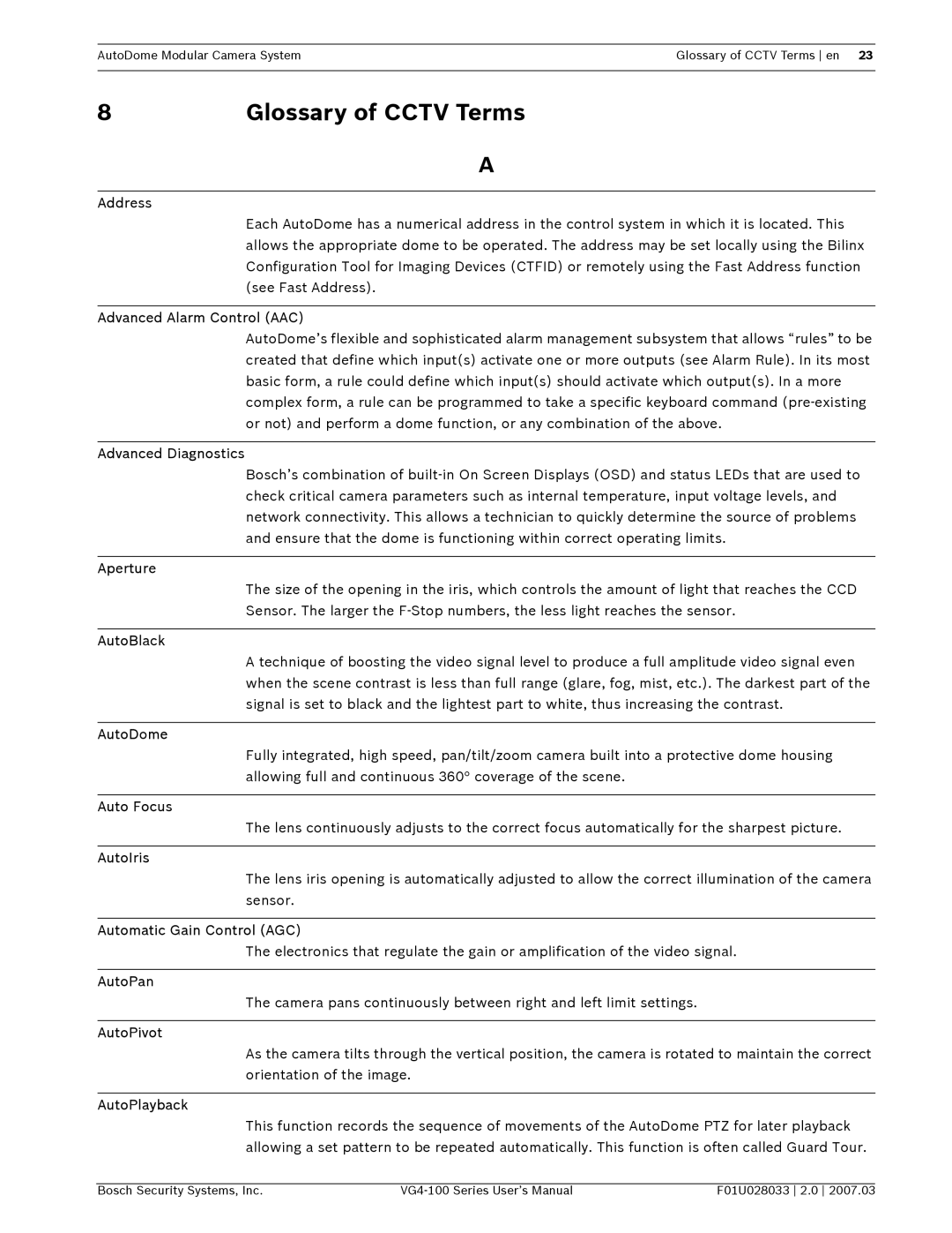 Bosch Appliances VG4-100 user manual Glossary of Cctv Terms 