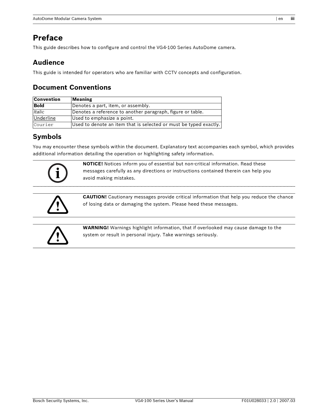 Bosch Appliances VG4-100 user manual Preface, Audience, Document Conventions, Symbols, Convention Meaning Bold 