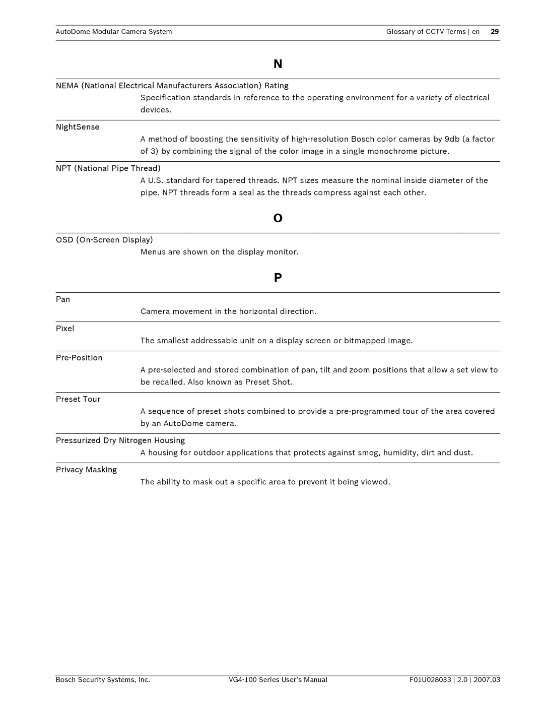 Bosch Appliances VG4-100 Nema National Electrical Manufacturers Association Rating, NightSense, NPT National Pipe Thread 