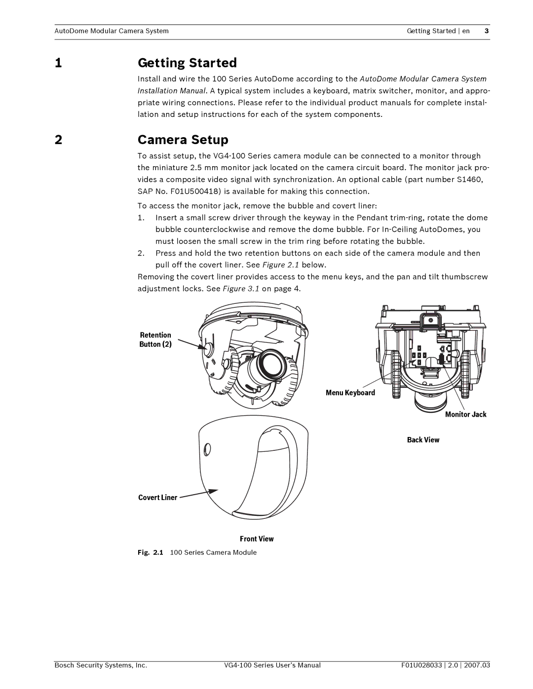 Bosch Appliances VG4-100 user manual Getting Started, Camera Setup 