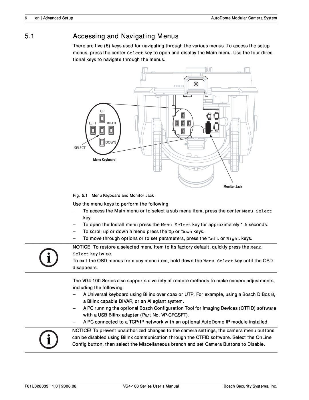 Bosch Appliances VG4-100 user manual Accessing and Navigating Menus, Menu Keyboard, Monitor Jack 
