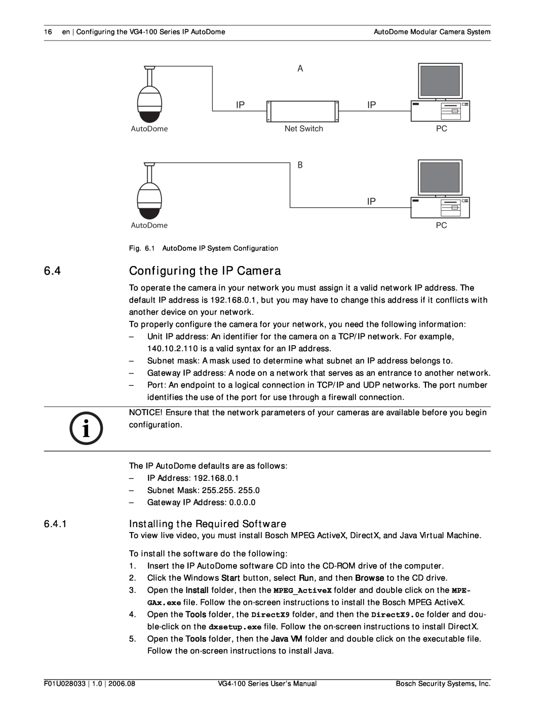 Bosch Appliances VG4-100 user manual Configuring the IP Camera, 6.4.1Installing the Required Software, AutoDome 