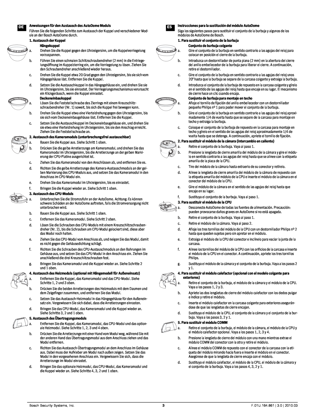 Bosch Appliances VG4-100 user manual Anweisungen für den Austausch des AutoDome Moduls 