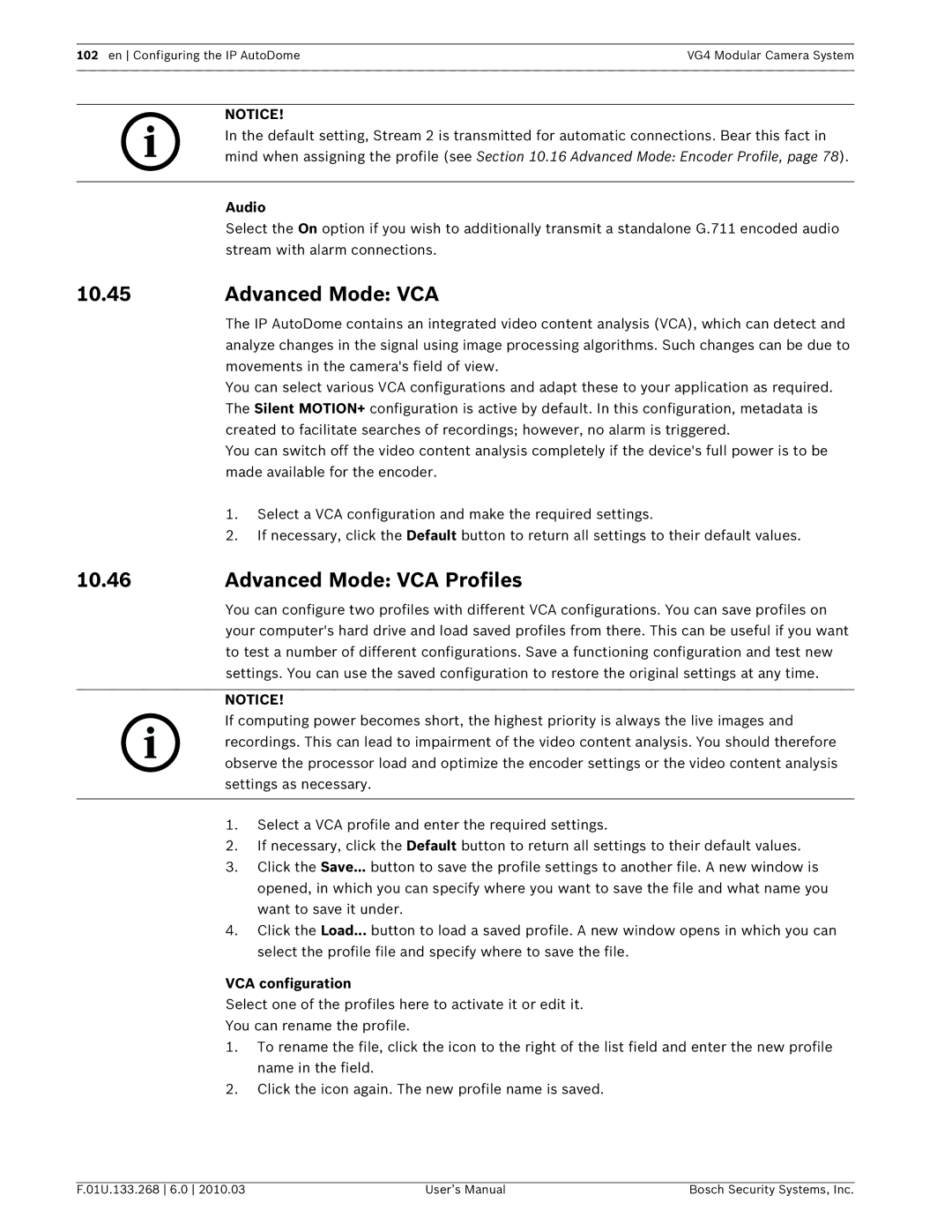 Bosch Appliances VG4-300, VG4-200, VG4-500I user manual Advanced Mode VCA Profiles, VCA configuration 