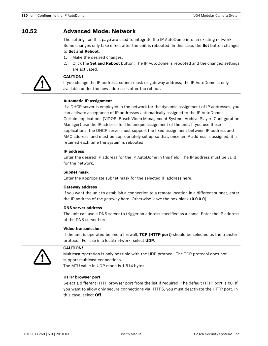 Bosch Appliances VG4-200, VG4-300 Advanced Mode Network, Automatic IP assignment, DNS server address, Http browser port 