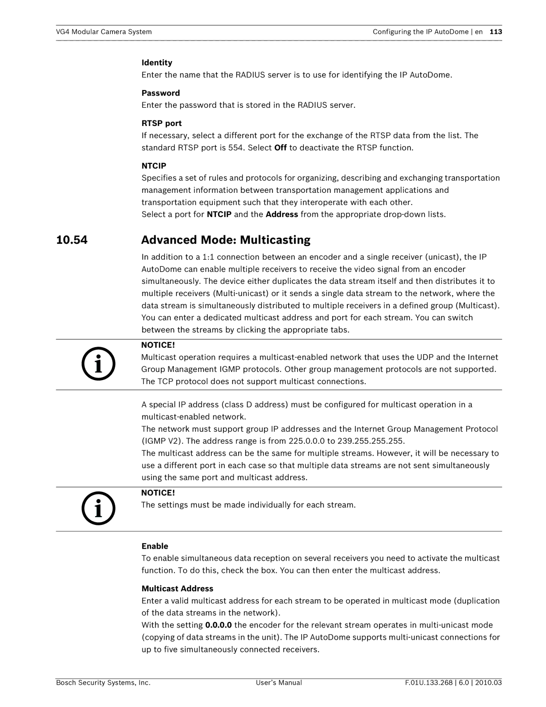 Bosch Appliances VG4-200, VG4-300, VG4-500I user manual Advanced Mode Multicasting, Ntcip 