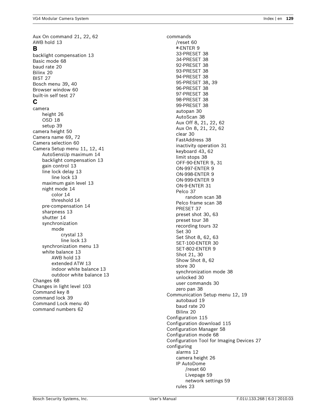 Bosch Appliances VG4-300, VG4-200, VG4-500I user manual VG4 Modular Camera System Index en 