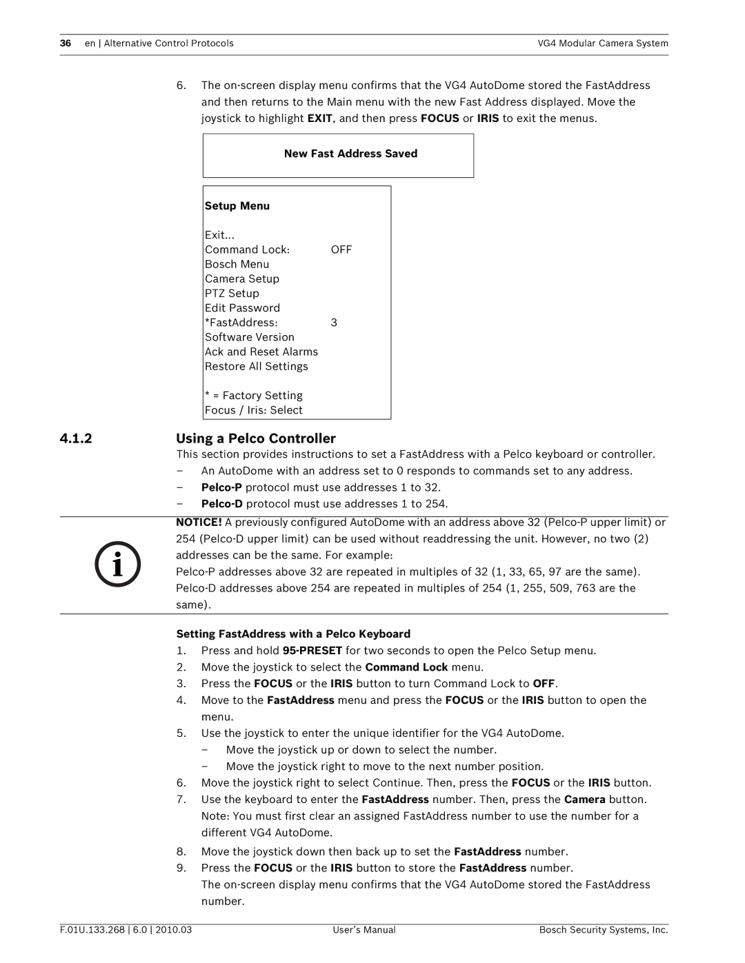 Bosch Appliances VG4-200, VG4-300, VG4-500I user manual 2Using a Pelco Controller, New Fast Address Saved Setup Menu 