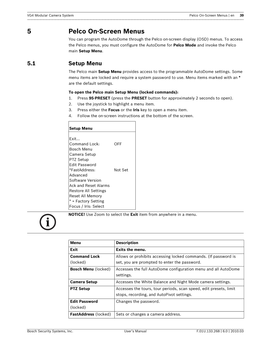 Bosch Appliances VG4-200, VG4-300, VG4-500I user manual Pelco On-Screen Menus 