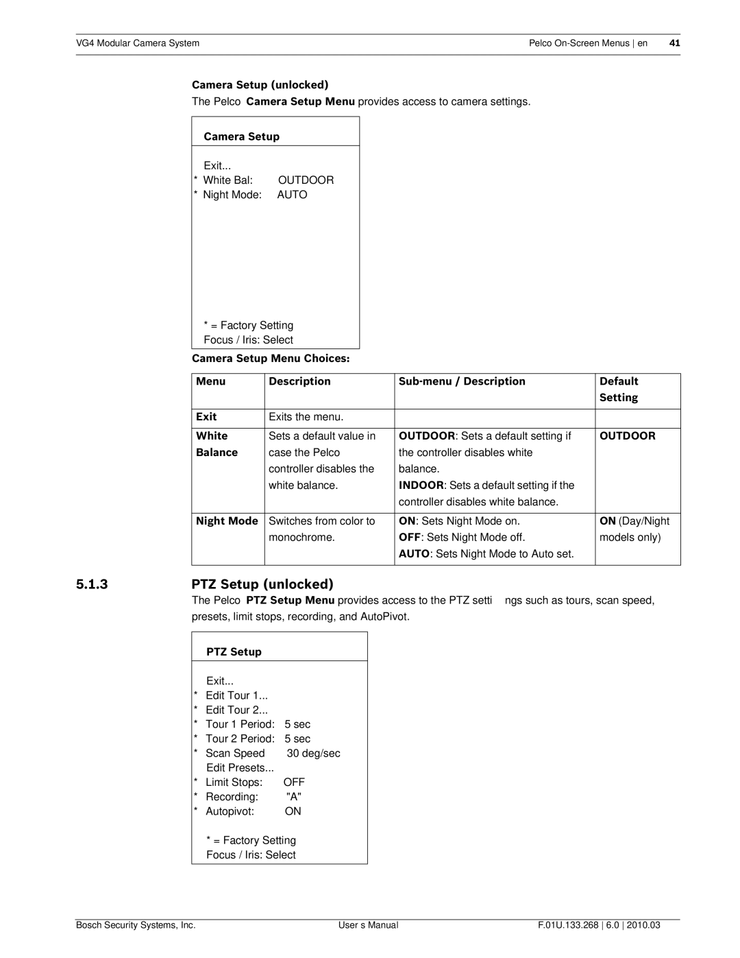 Bosch Appliances VG4-500I, VG4-200, VG4-300 user manual PTZ Setup unlocked, Camera Setup unlocked, Outdoor 