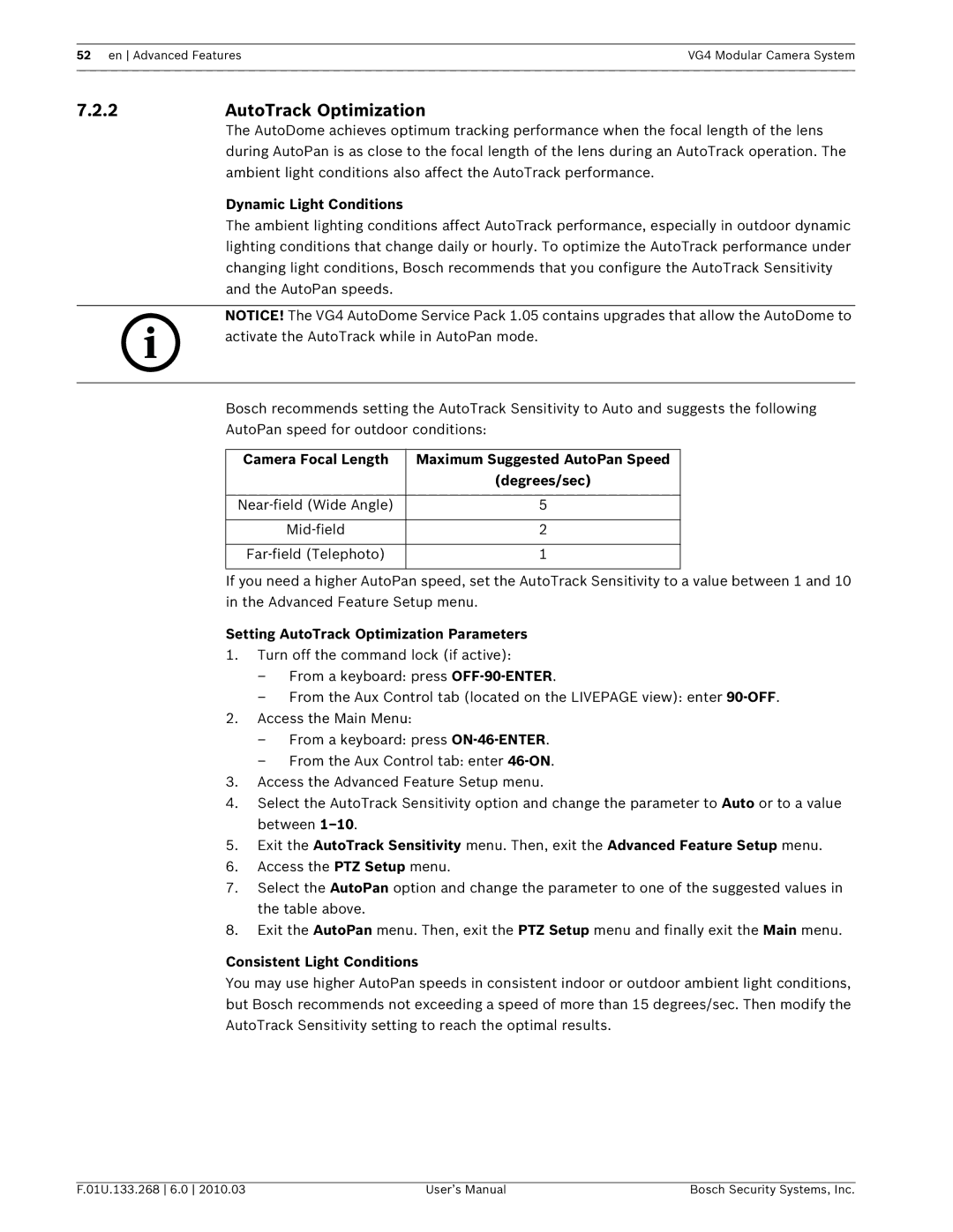 Bosch Appliances VG4-300 2AutoTrack Optimization, Dynamic Light Conditions, Setting AutoTrack Optimization Parameters 