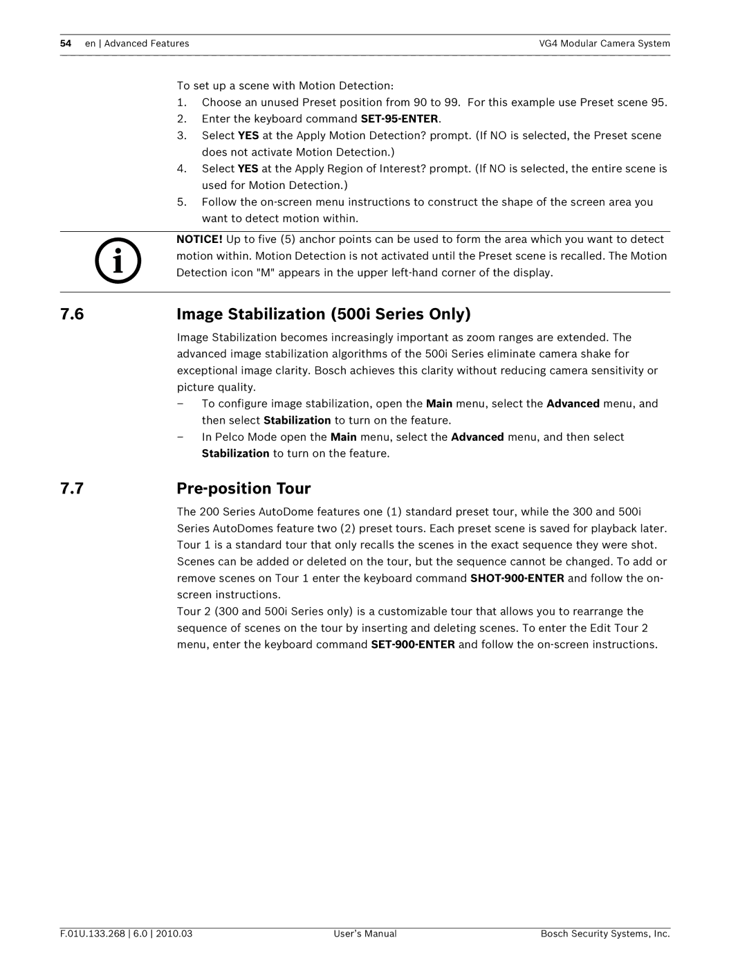 Bosch Appliances VG4-200, VG4-300, VG4-500I user manual Image Stabilization 500i Series Only, 7Pre-position Tour 