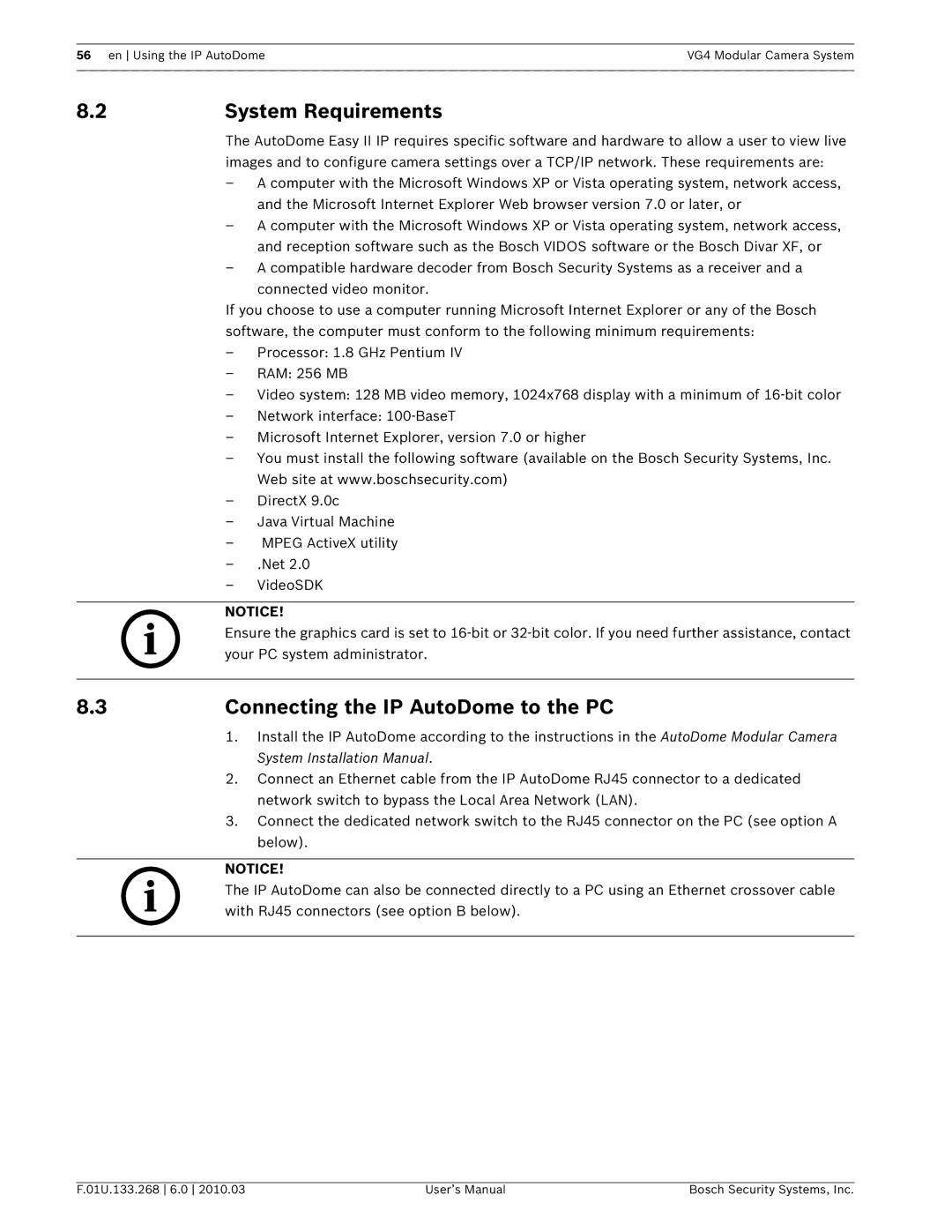 Bosch Appliances VG4-500I, VG4-200, VG4-300 user manual System Requirements, Connecting the IP AutoDome to the PC, Below 