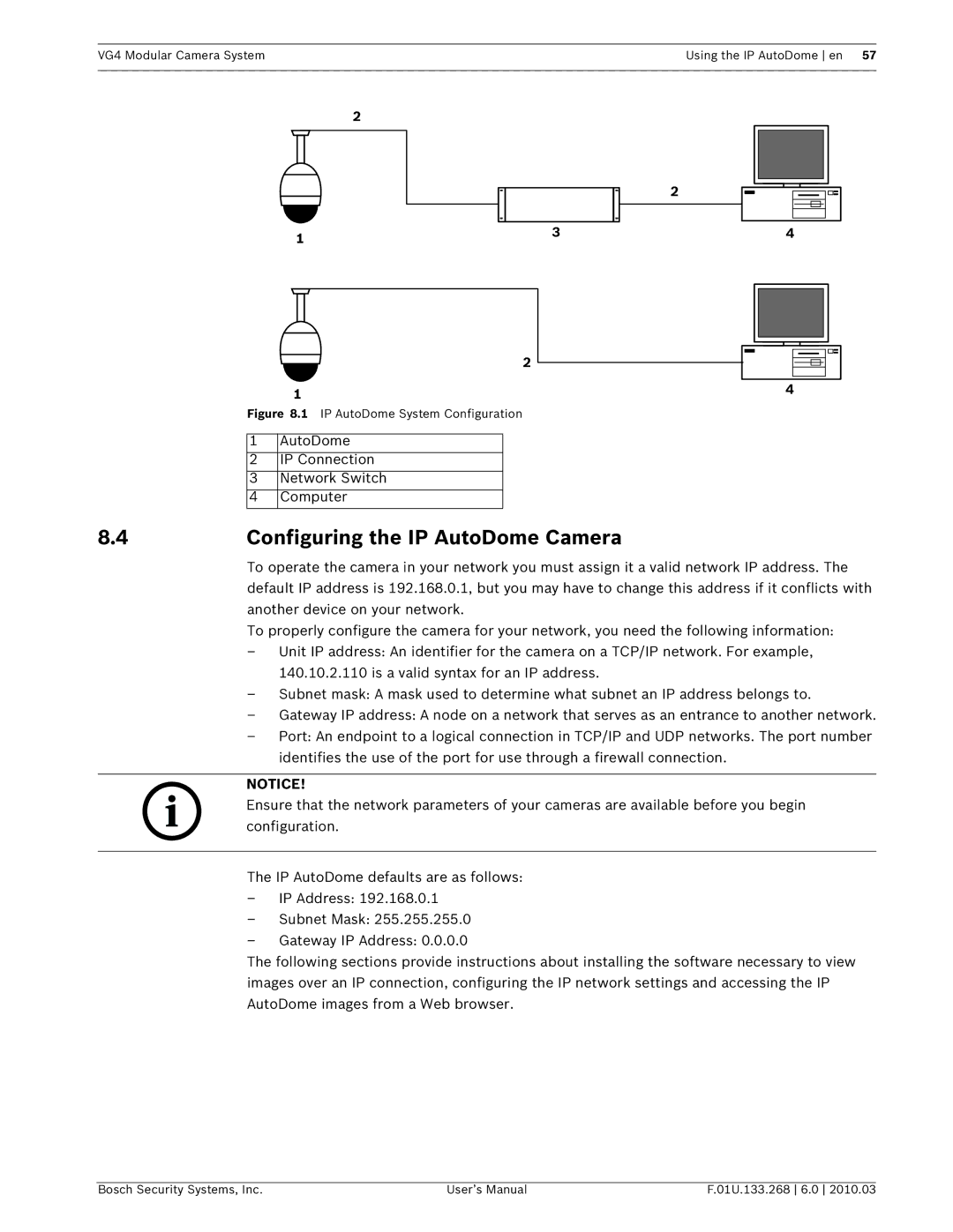 Bosch Appliances VG4-200, VG4-300 Configuring the IP AutoDome Camera, AutoDome IP Connection Network Switch Computer 