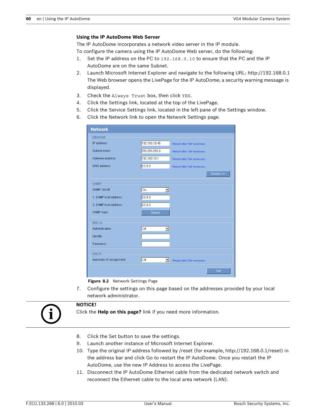 Bosch Appliances VG4-200, VG4-300, VG4-500I user manual Using the IP AutoDome Web Server, Network Settings 