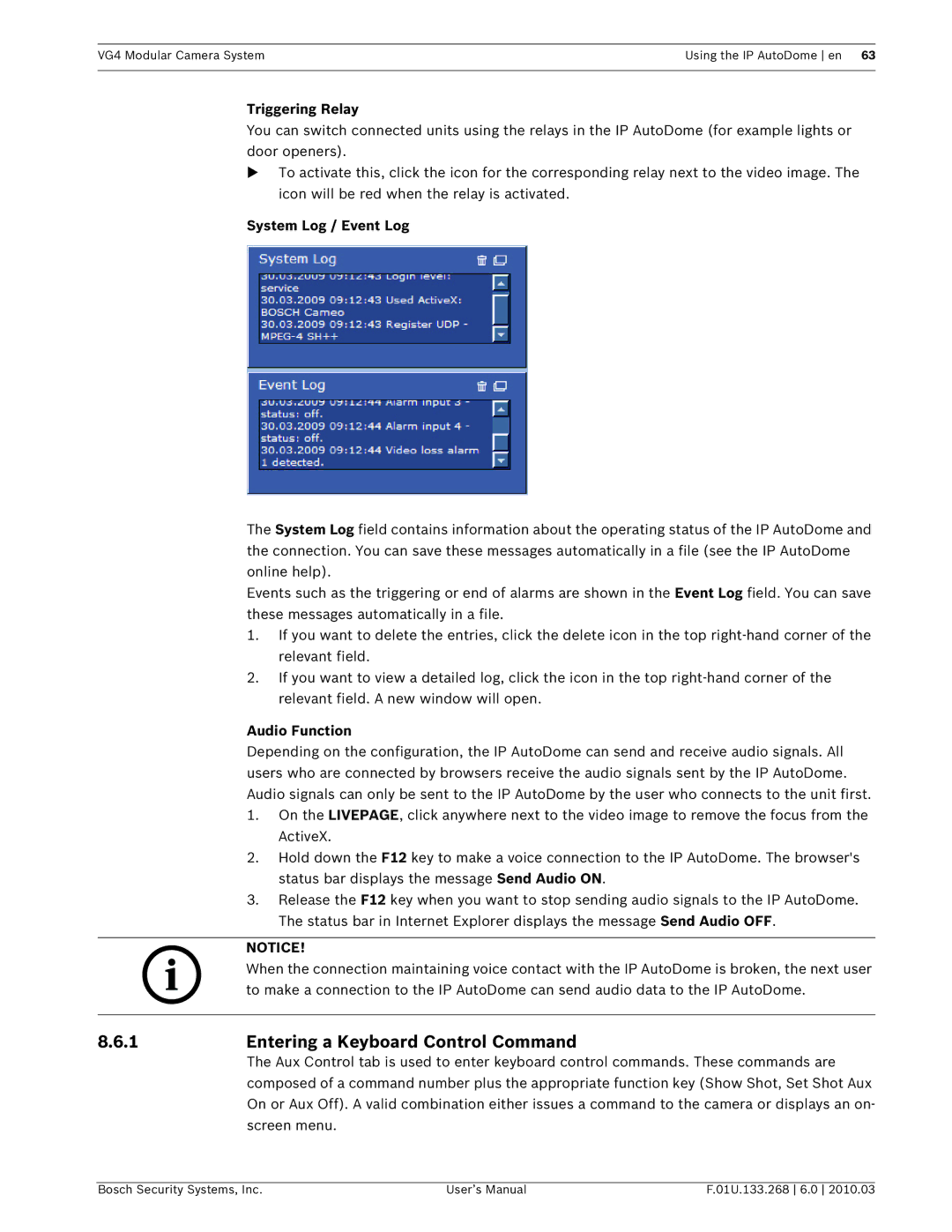 Bosch Appliances VG4-200 Entering a Keyboard Control Command, Triggering Relay, System Log / Event Log, Audio Function 