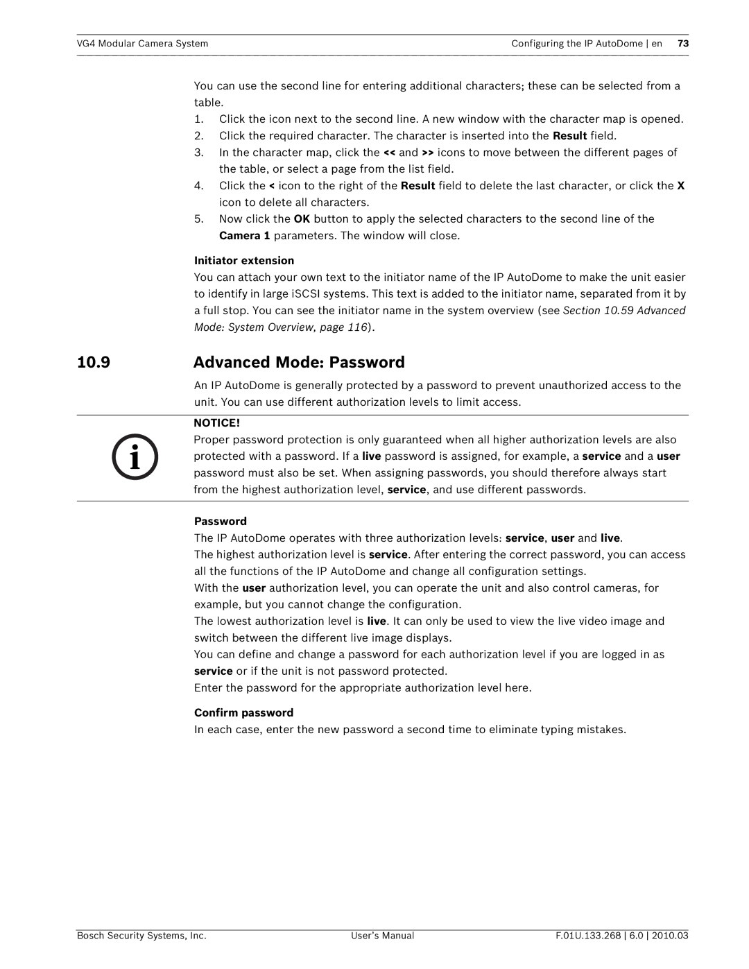 Bosch Appliances VG4-500I, VG4-200, VG4-300 user manual 10.9Advanced Mode Password, Initiator extension 